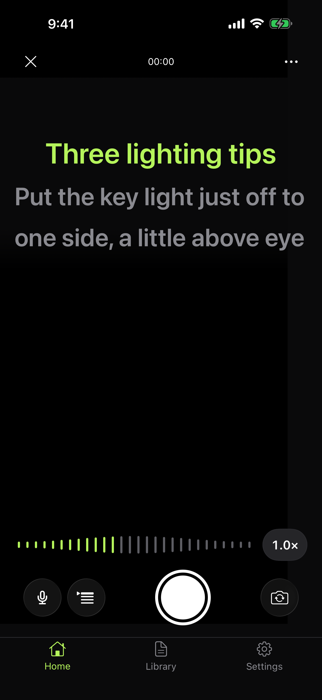 Recording screen: the script scrolls over the camera preview