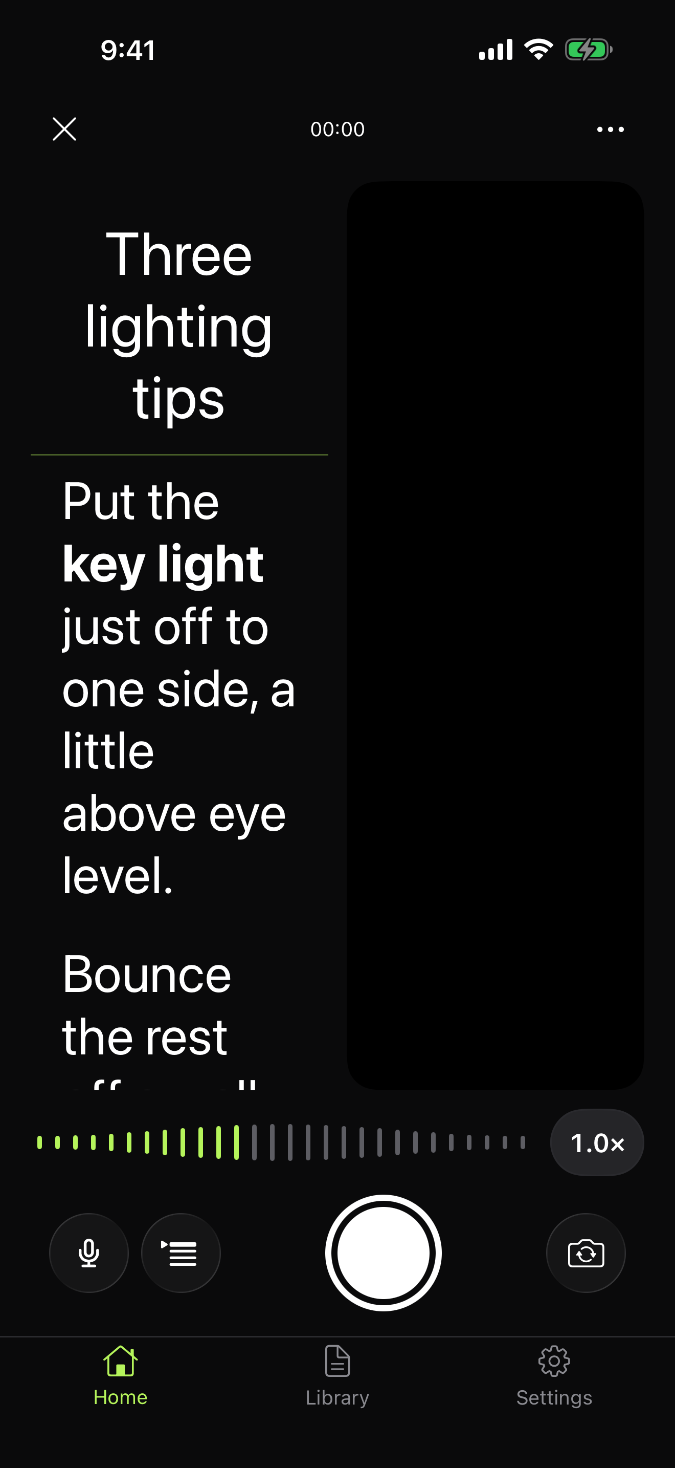 The recording screen with the phone set down, script and preview in separate halves